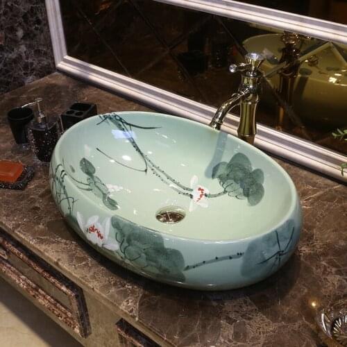 Oval lotus China Artistic Handmade Art wash basin Ceramic Counter Top Wash Basin Bathroom Sinks washing bowl basin