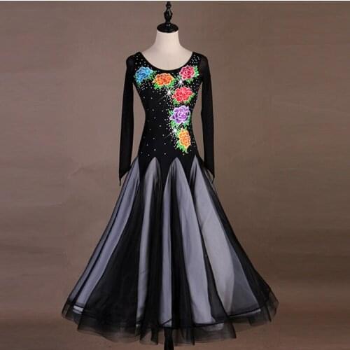Women New Black Stitching Shiny Rhinestone Dress Latin Dance Embroidered Roses Adult Training Modern Dance Tango Waltz Dress