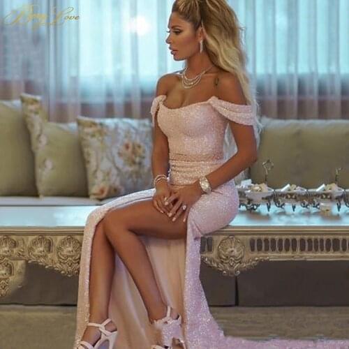 Sexy High Side Split Mermaid Evening Dresses Off Shoulder Bling Sequined Prom Gown Buttons Back Side Sleeves Evening Party Gown