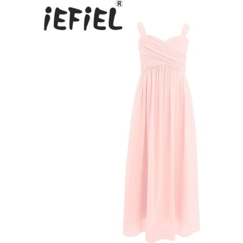 2020 Girls Chiffon Pleated Flower Girl Tulle Dress Princess Pageant Wedding Bridesmaid Birthday Party Maxi Floor Length Dress