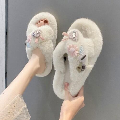 Cute Cartoon Cross Wool Slippers Womens 2021 Autumn And Winter New Large Size 41 42 Flat Cotton Slippers For Home Indoor Shoes