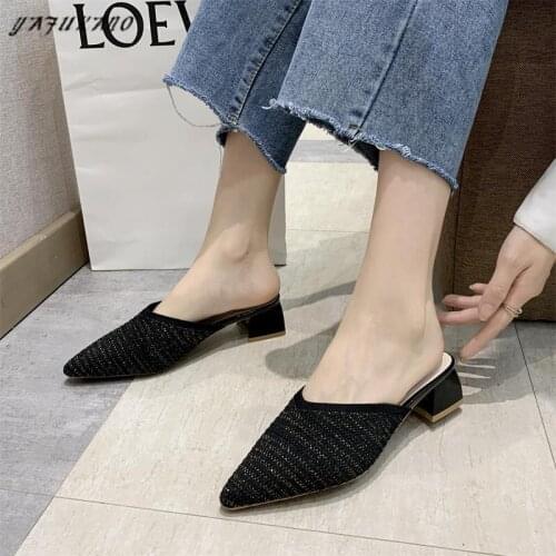 2021 Summer Knitting Women Slipper 3 Cm Low Heel Slides Female Pointed Toe Square Heel Sandal Vacation Flip Flops mujer Shoes