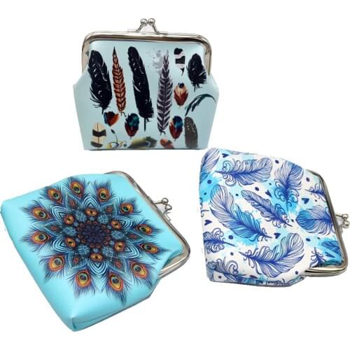 Vintage Women Feather Printing Coin Purses Girl Hasp Zero Wallet Ladies Clutch Change Purse Female Mini Money Bag Pu Leather