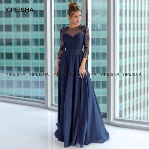 Yipeisha Jewel Navy Blue Evening Gown Three Quarter Sleeve Chiffon Formal Prom Dresses Long Beaded Wedding Party Dress Plus Size