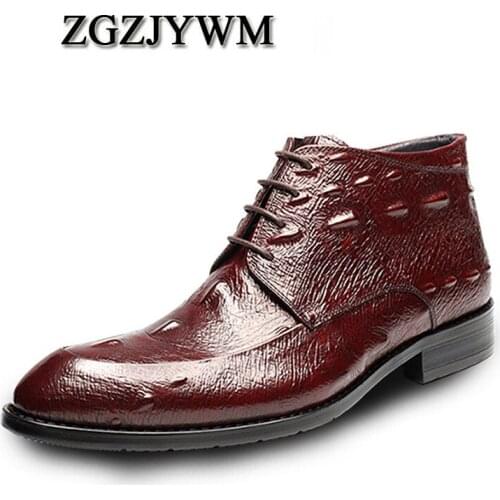 ZGZJYWM Luxury Pointed Toe Lace-Up Crocodile Pattern Classic Business Genuine Leather Casual Ankle Dress Boots For Men