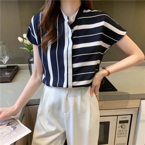 Feminina Blouse Shirts 2021 Summer New irregular Striped Chiffon Short-Sleeved shirt Stand collar Chiffon Womens top 206i