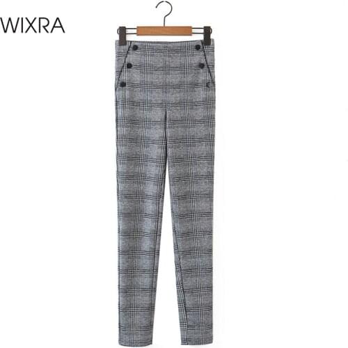 Wixra Womens SKinny Pencil Pants Plaid Streetwear Casual High Elastic Waist Pockets Buttons Stretchy Trousers