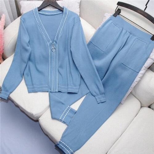 Women Casual Tracksuit Knitted Coat and Long Pants Suit 2019 Autumn New V-collar Zipper Up Cardigans +Trousers 2pcs Set Female
