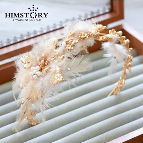 New Arrival Feather Wedding Headpiece Tiara Gold Vintage Bridal Hair Jewelry Accessories Women Prom Headdress