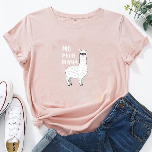 NO PROB LLAMA Letter Pattern Funny T Shirts Women O-neck Loose Cotton Tshirt Women Fashion Harajuku Short-sleeved T-shirt Women