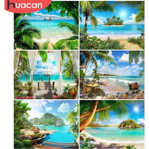 HUACAN DIY Diamond Painting Landscape Seaside Rhinestone Of Picture Tree Diamond Embroidery Beach Cross Stitch Decoration