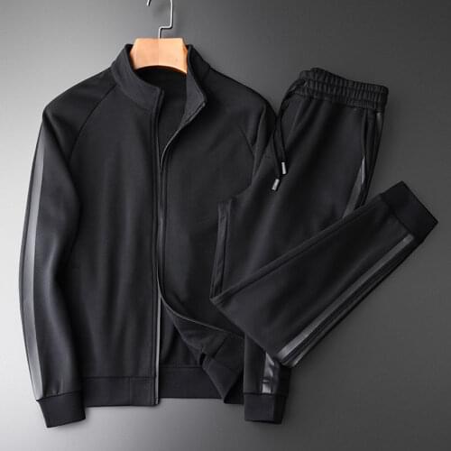 Thick knitted fabric casual sports suit mens self-cultivation fashion trend laminating printing stand-up collar sweater jacket