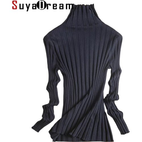 SuyaDream Women Turtleneck Ribs Pullovers Solid Slim Fit Sweaters 70%Silk 15%Cashmere 15%Nylon 2020 Fall Winter Knit Top