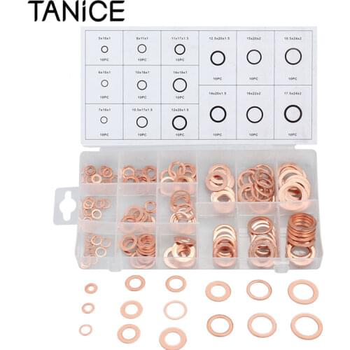 TANiCE 150Pcs Copper Washer Assortment Seal Ring Kit Solid Copper with Storage Case For Sump Plugs Water Fuel Hydraulic Fittings