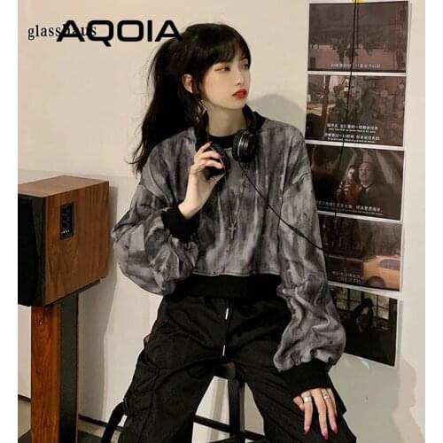 2021 Spring Gothic Long Sleeve Female Pullovers Tie Dye Short Thin Women Sweatshirt Hoodies Loose Hole Woman Clothing Crop Top