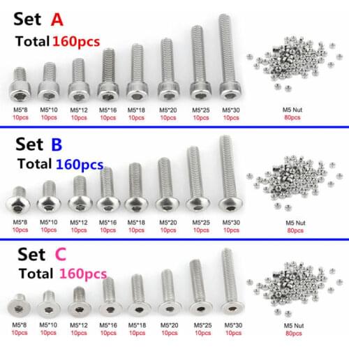 160pc M5 304 Stainless Steel Hexagon Socket Screws Bolts Hex Nuts Assortment Kit