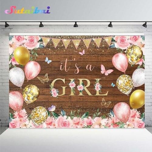 Its A Girl Backdrop Baby Shower Birthday Party Flowers Butterfly Balloon Gold Glitter Dots Banner Decor Background Photo Studio