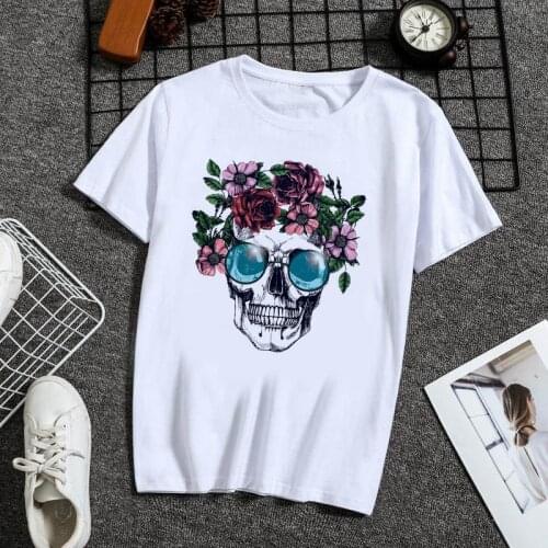 Summer New Funny Color Skull T-shirt Printed Chic Harajuku Neck Casual Retro Top Womens Fashion T-shirt