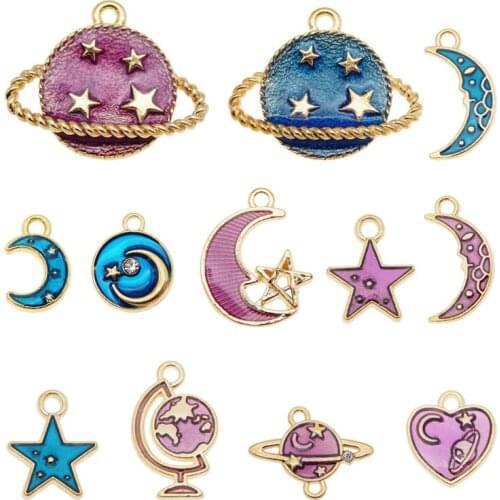 Julie Wang 12PCS Enamel Charms Mixed Planet Star Moon Zinc Alloy Gold Tone Pendant Bracelet Jewelry Making Accessory