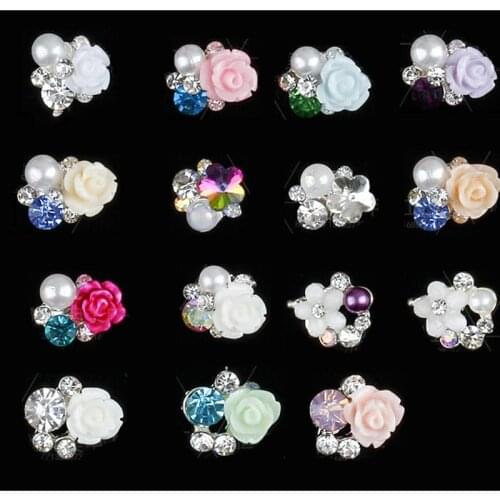 10pcs/bag 15Styles Nail Resin Flowers Rhinestones /Nail Art Decorations 3D Big Pearl Charm Alloy DIY Nail Stivkers Charms JE