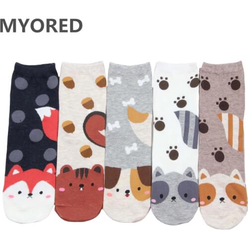 MYORED 5pairs women cartoon socks cotton animal printed jaquard funny ankle socks autumn winter socks for girls lady female wear