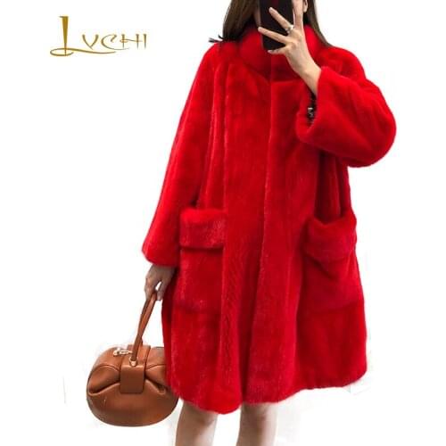 LVCHI Winter 2019 Import Real Mink Coat Womens Soft Warm Red Mink Coat Mandarin Collar Mandarn Full Sleeve Medium Mink Coats