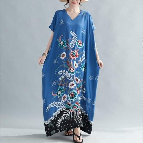 2021 Summer New Ethnic Retro Cotton Floral Dress Vintage Loose Casual Bat V-Neck Boho Dress Robe Female WomenS Dresses Clothing