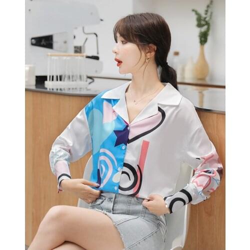 2020 autumn new design sense niche shirt western style printed chiffon shirt womens all-match long-sleeved top trend