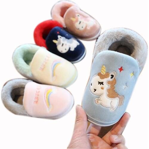 New Unicorn Winter Baby Slippers Home Kids Plush Slippers Toddler Girl Cotton Rainbow Boys Flip Flops Indoor House Flats Shoes