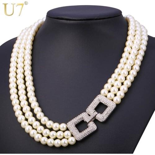 U7 White Pearl Necklace Multi Layers Luxury Simulated Pearl Wedding Jewelry For Women Gift N452