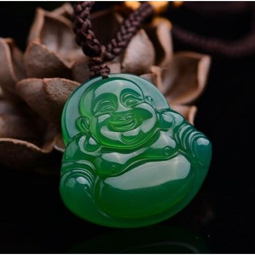 Green Color Ice AAA Green Chalcedony Pendant Laughing Buddha Lucky Fine Carving Buddha Pendant Necklace