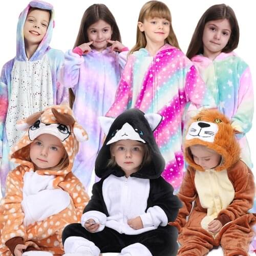Childrens Kigurumi Unicorn Pajamas Kids Baby Hooded Jumpsuit Overalls Boys Animal Panda Lion Onesies Teen Girls Stitch Pyjamas