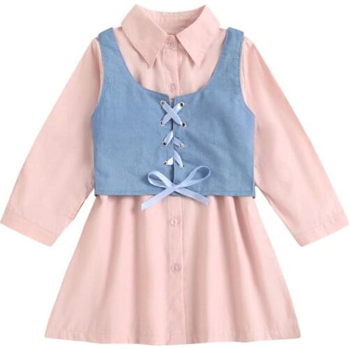 Citgeett Autumn 0-5Y Fashion Kids Girls Solid Dress+Denim Vest 2pcs Long Sleeve Single Breasted A-Line Spring Clothes