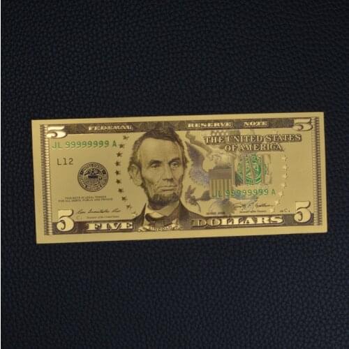 Gold Plated Banknotes Antique Gold Foil 5 Dollar Currency Commemorative Dollar Banknotes Decorative Counterfeit Notes