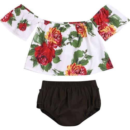 Clearance sale !!! 0-24M Baby Girls 2-piece Suit Flower Print Crop Top Solid Color Lace Short Pants