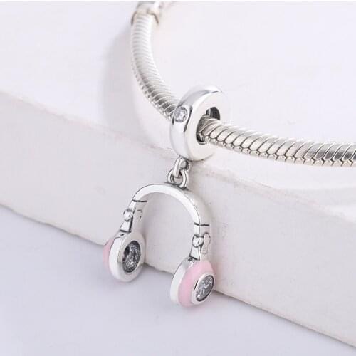 925 Sterling Silver Headphones Dangle Charms Pink Enamel Headphone Shape Beads Bracelet DIY Jewelry Making For Original Pandora
