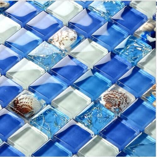 Mediterranean blue crystal glass mix natural shell mosaic tile kitchen backsplash living room duplex building stairs decoration