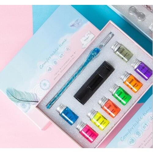 High Light Fluorescence Ink Glass Pen Gift Box Invisible Color Ink Dip Pen With UV Torch Gift Box