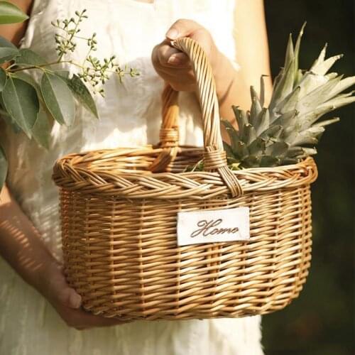 Country Style Woven Wicker Basket Food Outdoor Picnic Bamboo Portable Storage Container Home Desktop Decorations Christmas Gift