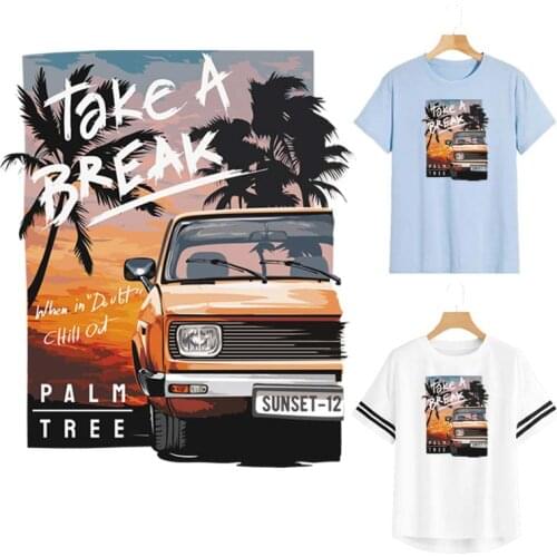 Vacation Car Iron Sticker For Clothing Stripe A-Level Washable Diy Garment Thermal Transfer Patch Iron On T-Shirt Dresses