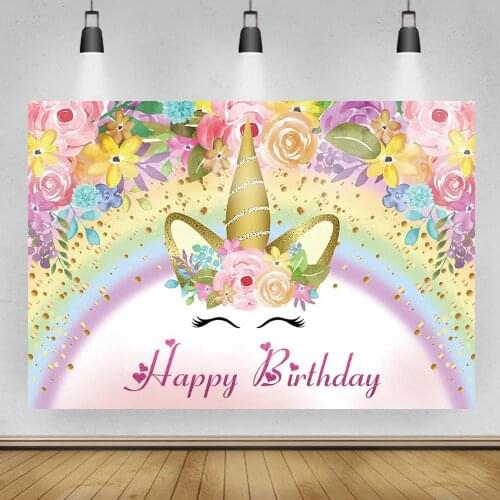 Spring Floral Unicorn Rainbow Bridge Glitter Photo Backdrop Birthday Photography Background for Children Party Decorations