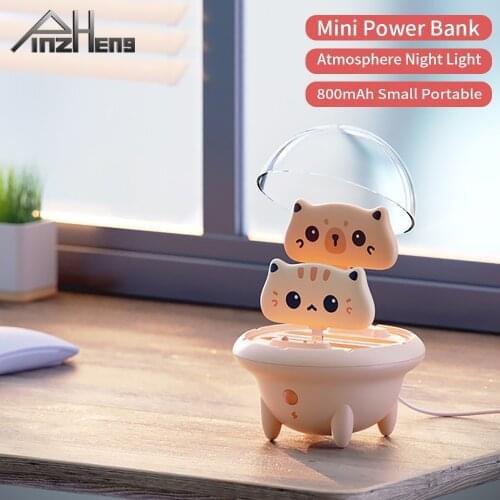 PINZHENG 800 mAh Mini Power Bank For Lightning Type c Powerbank Cute Cat Portable Poverbank External Powerbank LED Night Light