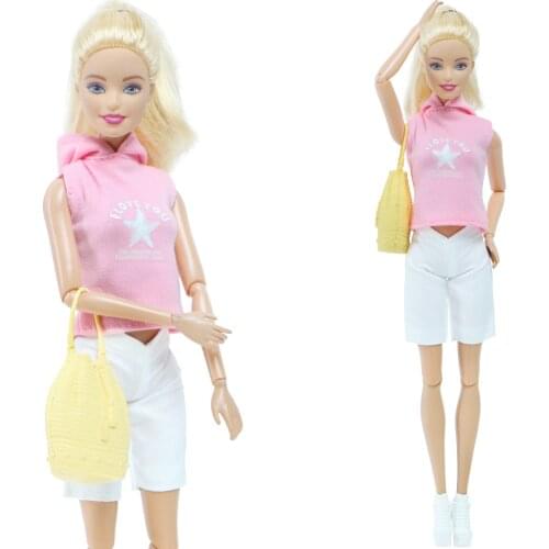 High Quality Doll Outfit Summer Vest with Hat Short Pants Yellow Handbag High Heels Shoes Clothes for Barbie Doll Accessories