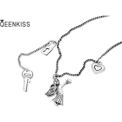 QUEENKISS NC671Fion Jewelry Wholesale Fashion Lady Girl Birthday Wedding Gift Angel Love 925 Sterling Silver Pendant Necklace