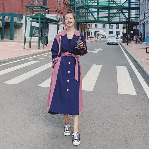 Womens Long Windbreaker 2021 Spring Autumn New Korean Loose Lapel Casual Straight High-quality Lining Contrast Fashion Coat ZX2