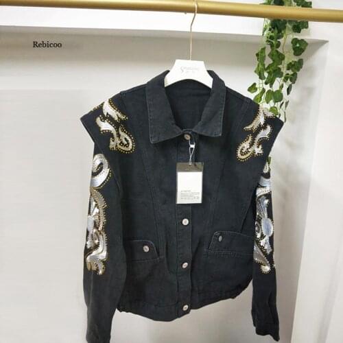 Women Long Sleeve Blue Denim Jacket Early Spring New Rhinestone Embroidery Lapel Single-breasted Short Coat