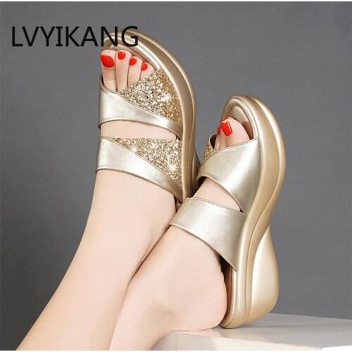 Women Bling Slipper Ladies PU Leather Wedges Flat Shoes Female Casual Sandals Comfortable Platform Woman Outside Shoes
