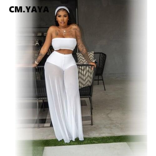 CM.YAYA Women Set Mesh See-through Solid Sleeveless Strapless Crop Tops Straight Long Pants 2 Two Piece Sets Sexy Outfit Summer