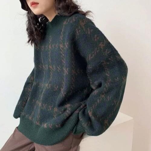 Chic Streetwear Houndstooth Thick Women Sweater Y2K Loose Knit Woman Sweaters 2021 Winter Autumn Warm Plus Size Female Pullover