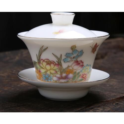 160ml Tea Bowl Ceramic Porcelain Tea Tureen Rural Flower Teaware Chinese Kung Fu Tea Set Drinkware Master Cup Saucer Lid Gaiwan